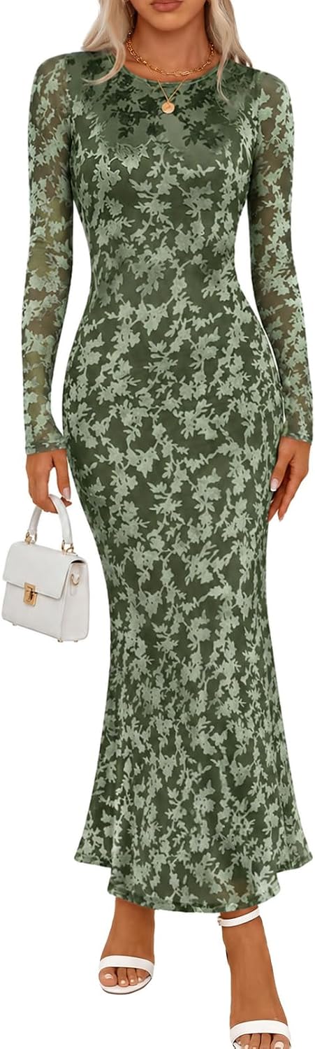 MEROKEETY Womens Fall Velvet Formal Wedding Guest Maxi Dress | Bodycon, Floral, Long Sleeve, Mesh, Round Neck, Formal Cocktail Party Birthday Club Date Night Prom, 2026 Winter Dress