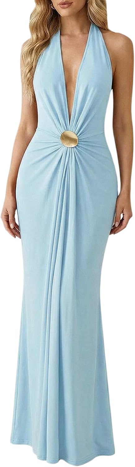 OYOANGLE Women's Halter Maxi Dress Deep V Neck Sexy Wedding Guest Dresses | Cocktail Dress, Formal Dresses, Beach Dress, Vacation Dress, Date Night Long Dress, Backless