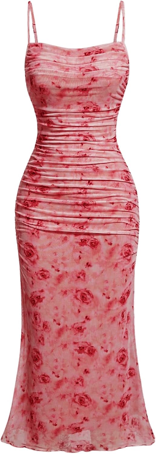 GORGLITTER Women's Floral Wedding Guest Bridal Shower Summer Midi Dresses | Tea Party, Baby Shower, Cocktail Dress, Ruched, Dresses for Women, Sundresses