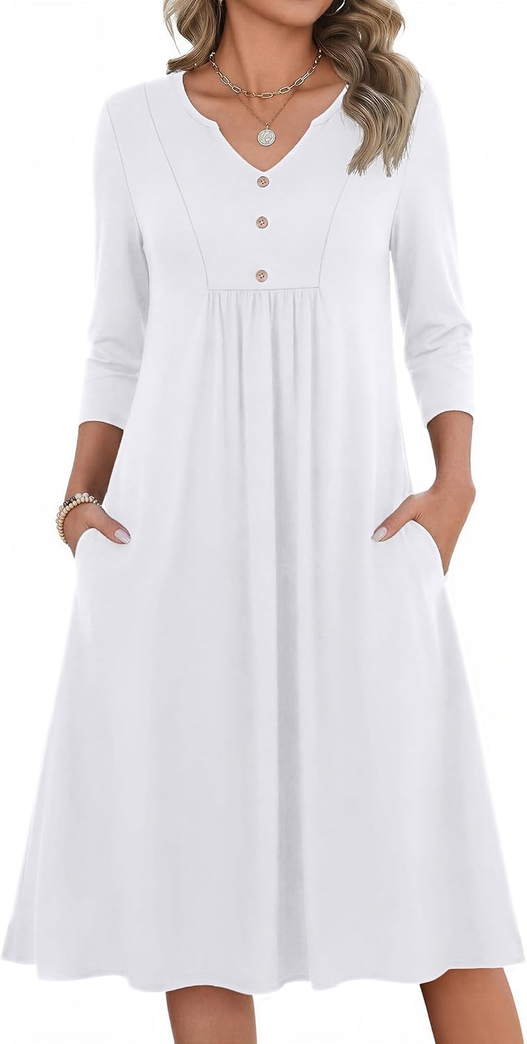 Zeagoo Womens Dresses 3\/4 Sleeve Casual Fall A Line Midi Dress with Pockets | V Neck Empire Waist Sundress, Button Decor, Floral, Boho, Solid Color, Loose Fit, Flowy, Vacation Sundresses