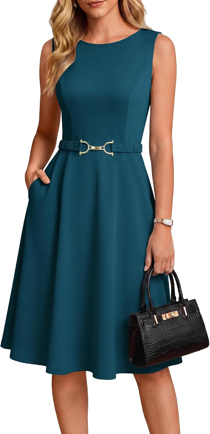GRACE KARIN Work Business Midi Flowy Sleeveless Dresses for Women | A Line,Belted,Collar Neck,Knee Length,with Pockets Zipper,Business Causal,Office,Church,Funeral,Cocktail,Wedding,Professional