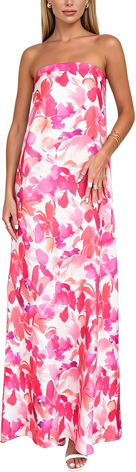 ACOSAP Women Y2k Strapless Maxi Dress Summer Backless Floral Long Tube Dress Off Shoulder Cocktail Party Dress