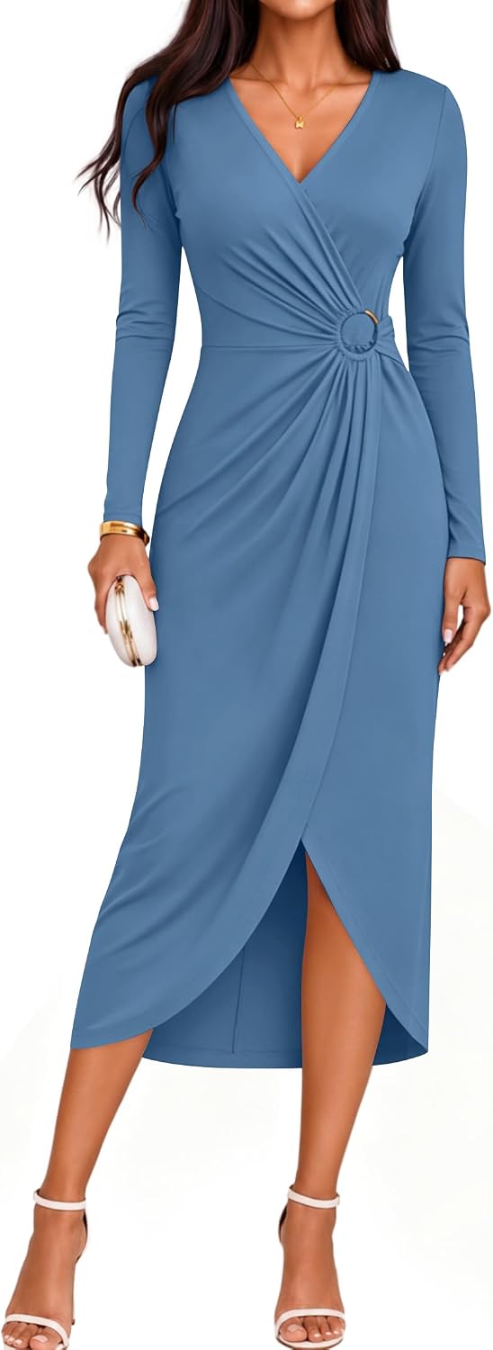 ZESICA Women's Fall Long Sleeve Wrap Bodycon Cocktail Party Dresses | Deep V Neck, Ruched Midi Dress, Formal Wedding Guest, Rehearsal Dinner, Date Night, Birthday Holiday, Bridal Shower