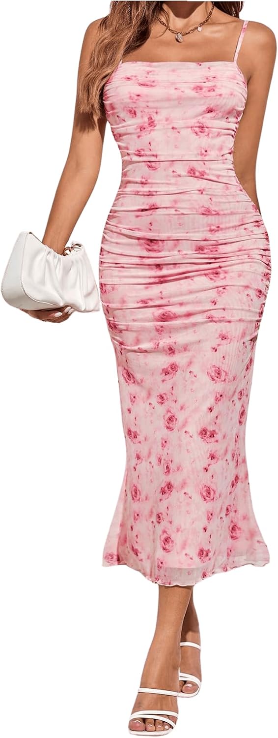 GORGLITTER Women's Floral Wedding Guest Bridal Shower Summer Midi Dresses | Tea Party, Baby Shower, Cocktail Dress, Ruched, Dresses for Women, Sundresses
