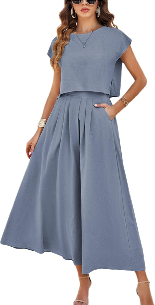 Cap-Sleeve Maxi Top & Skirt Set in Grey Blue