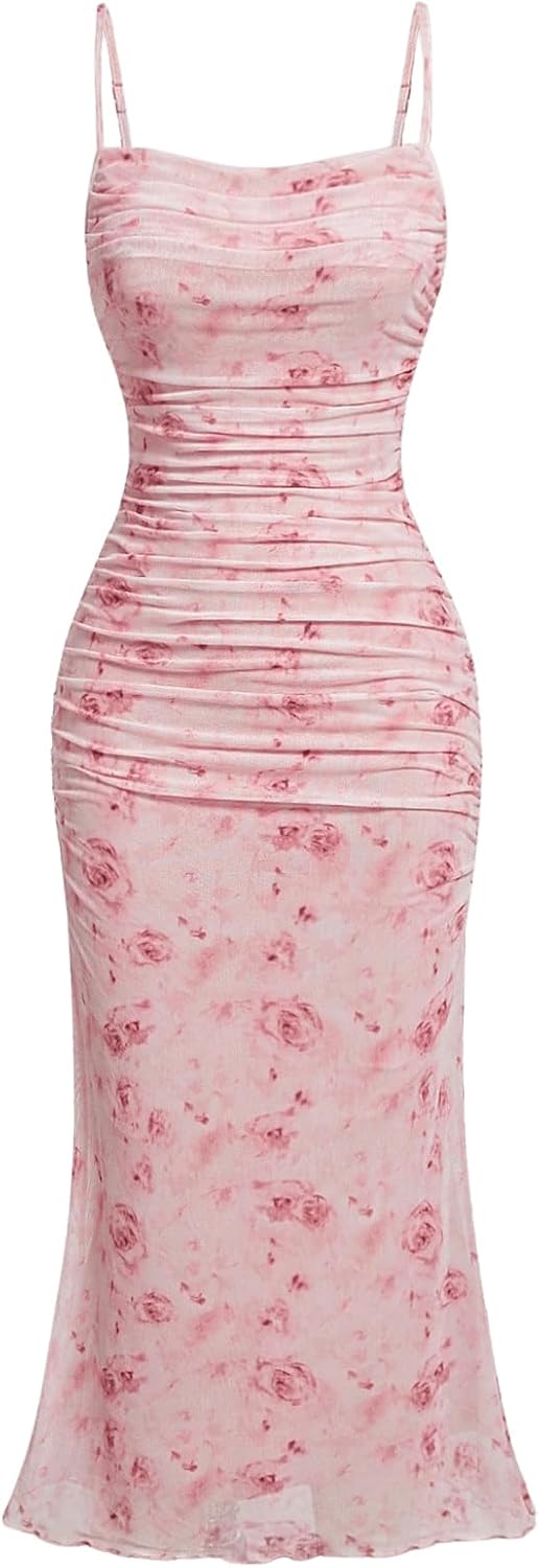 GORGLITTER Women's Floral Wedding Guest Bridal Shower Summer Midi Dresses | Tea Party, Baby Shower, Cocktail Dress, Ruched, Dresses for Women, Sundresses