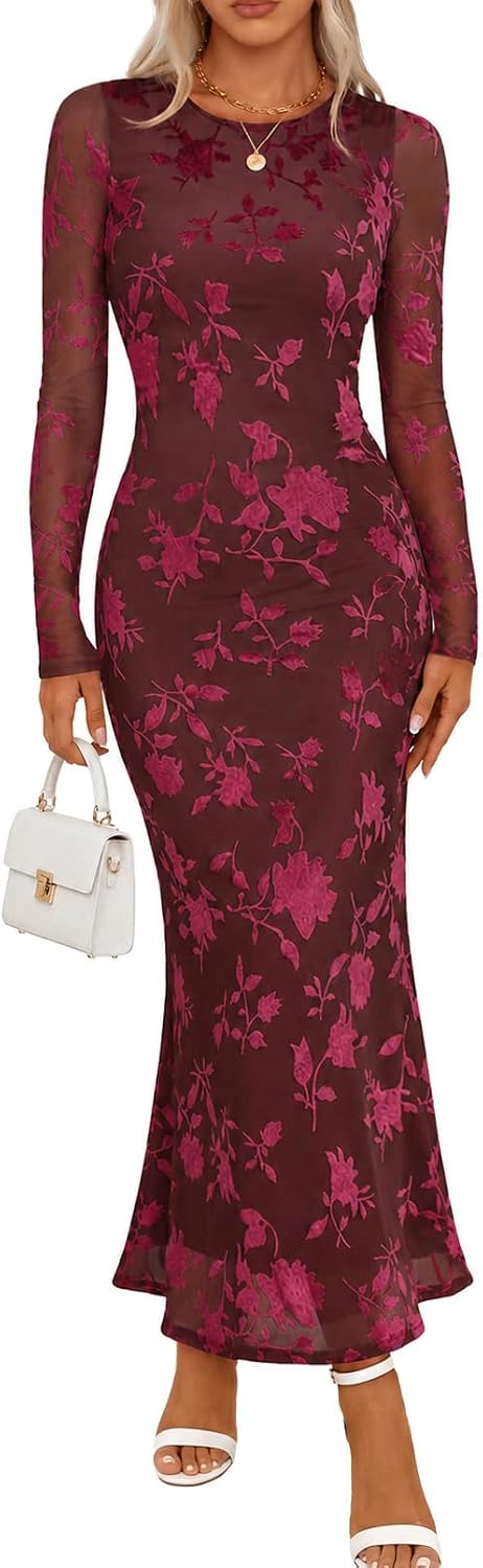 MEROKEETY Womens Fall Velvet Formal Wedding Guest Maxi Dress | Bodycon, Floral, Long Sleeve, Mesh, Round Neck, Formal Cocktail Party Birthday Club Date Night Prom, 2026 Winter Dress
