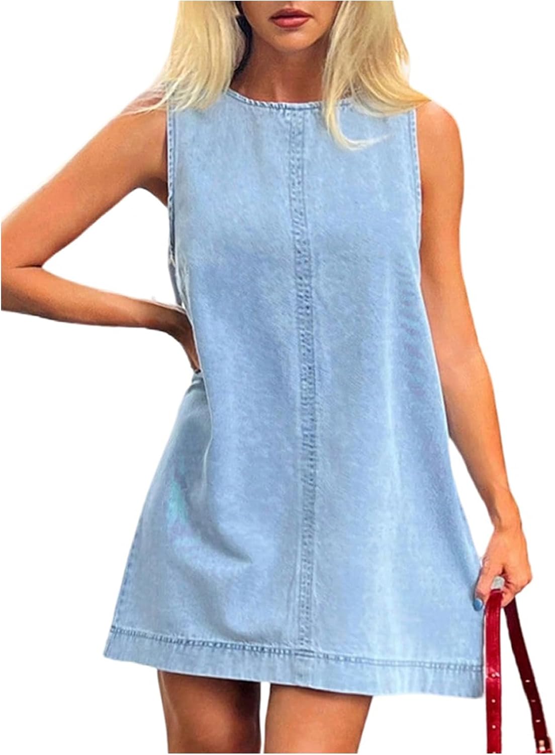 Milumia Women's Crew Neck Sleeveless Jean Denim Mini Dress Concert Outfits | Western, Loose Fit, A-Line, Short Dresses, Summer, Spring, Casual, Country Concert, Cowgirl Outfits