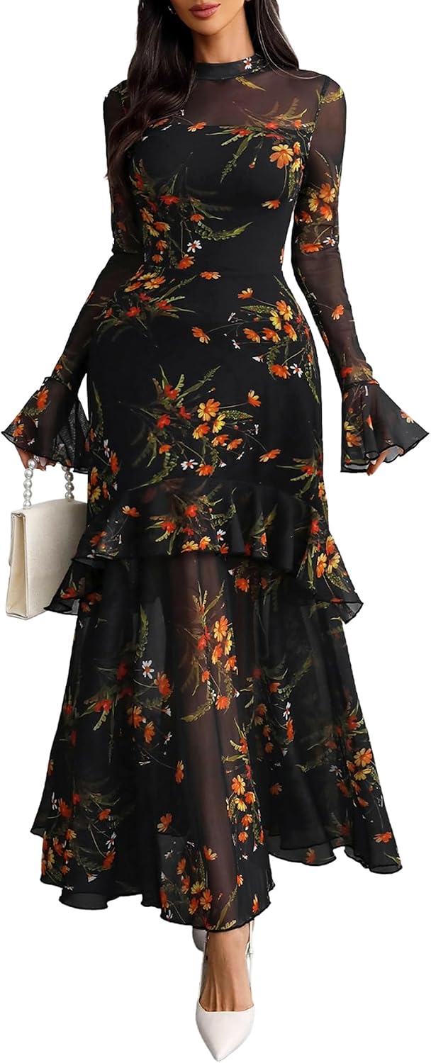 GothDark Women Floral Maxi Dress Bell Sleeve Party Wedding Guest Dresses | Floral Mesh, Tiered Ruffle, Fall Long Sleeve, Casual, Elegant, Date Night, Cocktail, Dinner & Evening Dress