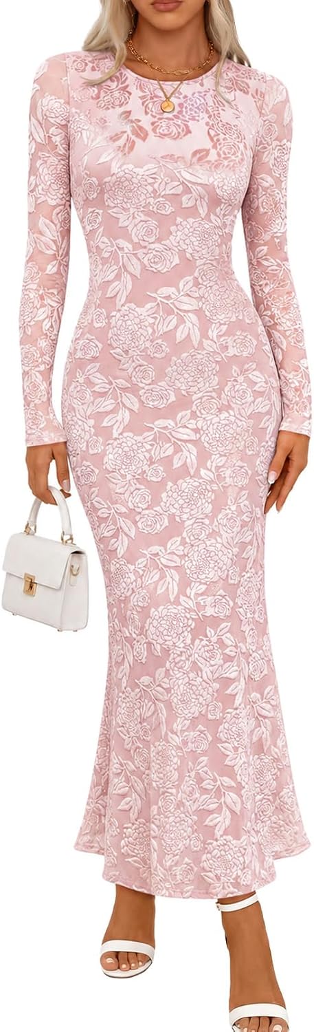 MEROKEETY Womens Fall Velvet Formal Wedding Guest Maxi Dress | Bodycon, Floral, Long Sleeve, Mesh, Round Neck, Formal Cocktail Party Birthday Club Date Night Prom, 2026 Winter Dress
