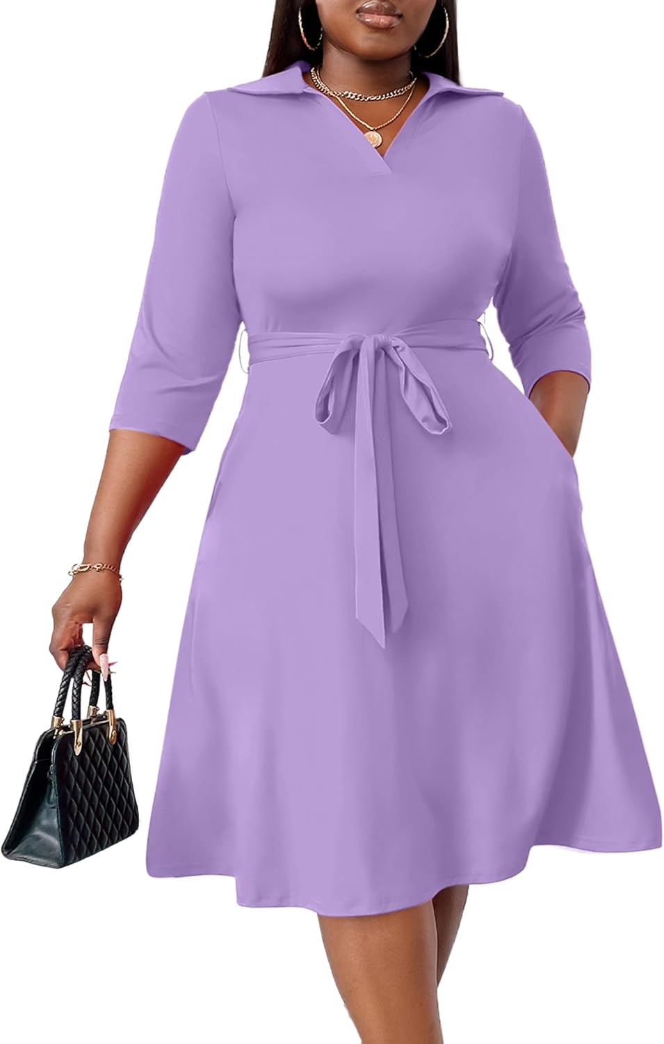 FANDEE Plus Size Midi Dress for Women Casual - Fit and Flare Summer Dresses | Semi Formal,African Print,Polo Collar Cocktail Dress,With Pockets And Belt