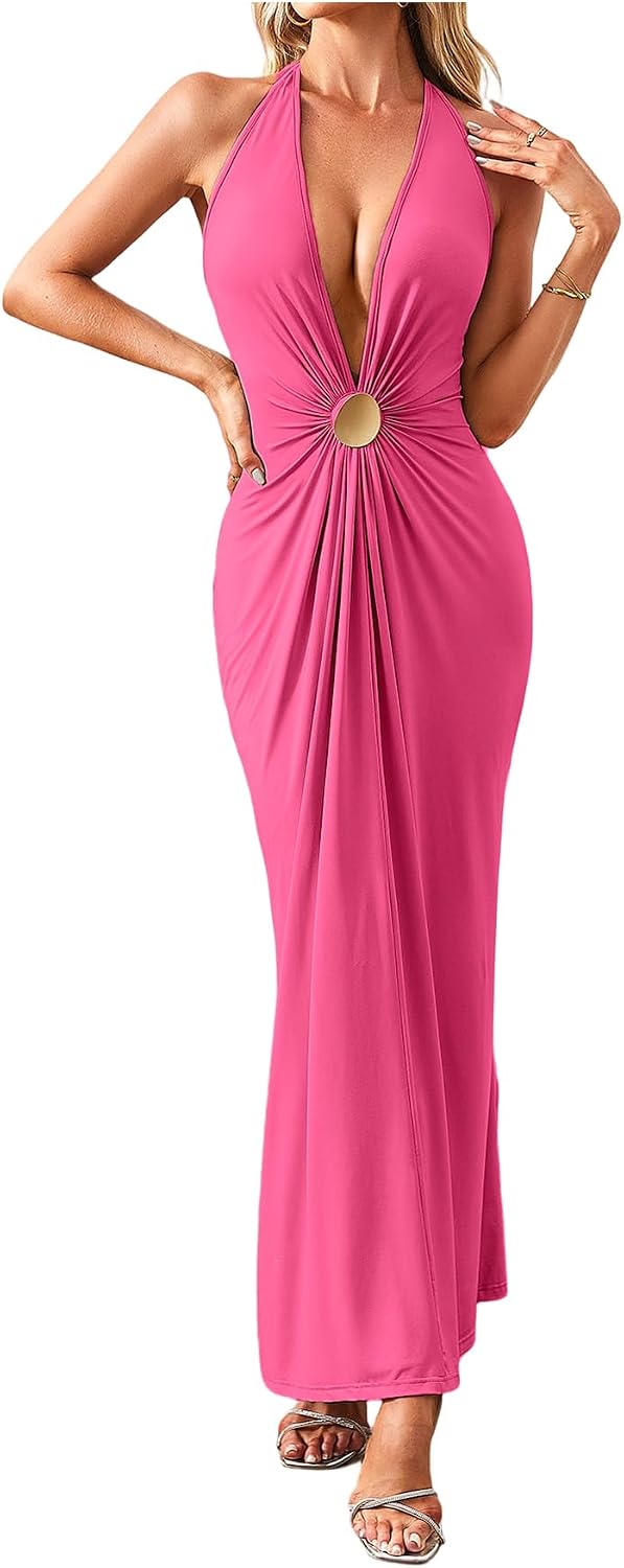 OYOANGLE Women's Halter Maxi Dress Deep V Neck Sexy Wedding Guest Dresses | Cocktail Dress, Formal Dresses, Beach Dress, Vacation Dress, Date Night Long Dress, Backless