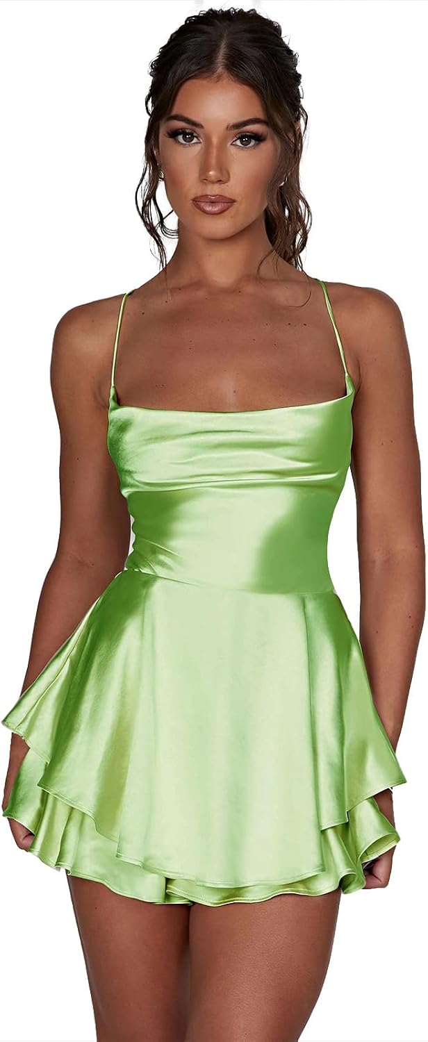 AGYMNX Women Sexy Spaghetti Strap Satin Dress Sleeveless Low Cut Backless Short Romper Dress Party Jumpsuit Mini Sundress