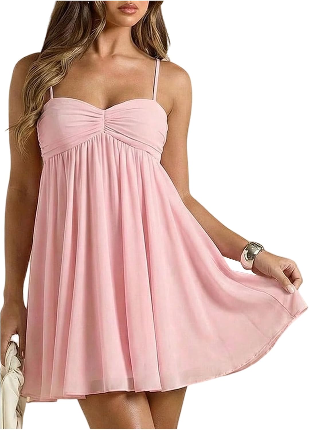 SOLY HUX Women's Summer Babydoll Mini Dress Spaghetti Strap Flowy Sundress | Casual Cami Dresses, A Line, Sleeveless, Ruched, Summer Dress