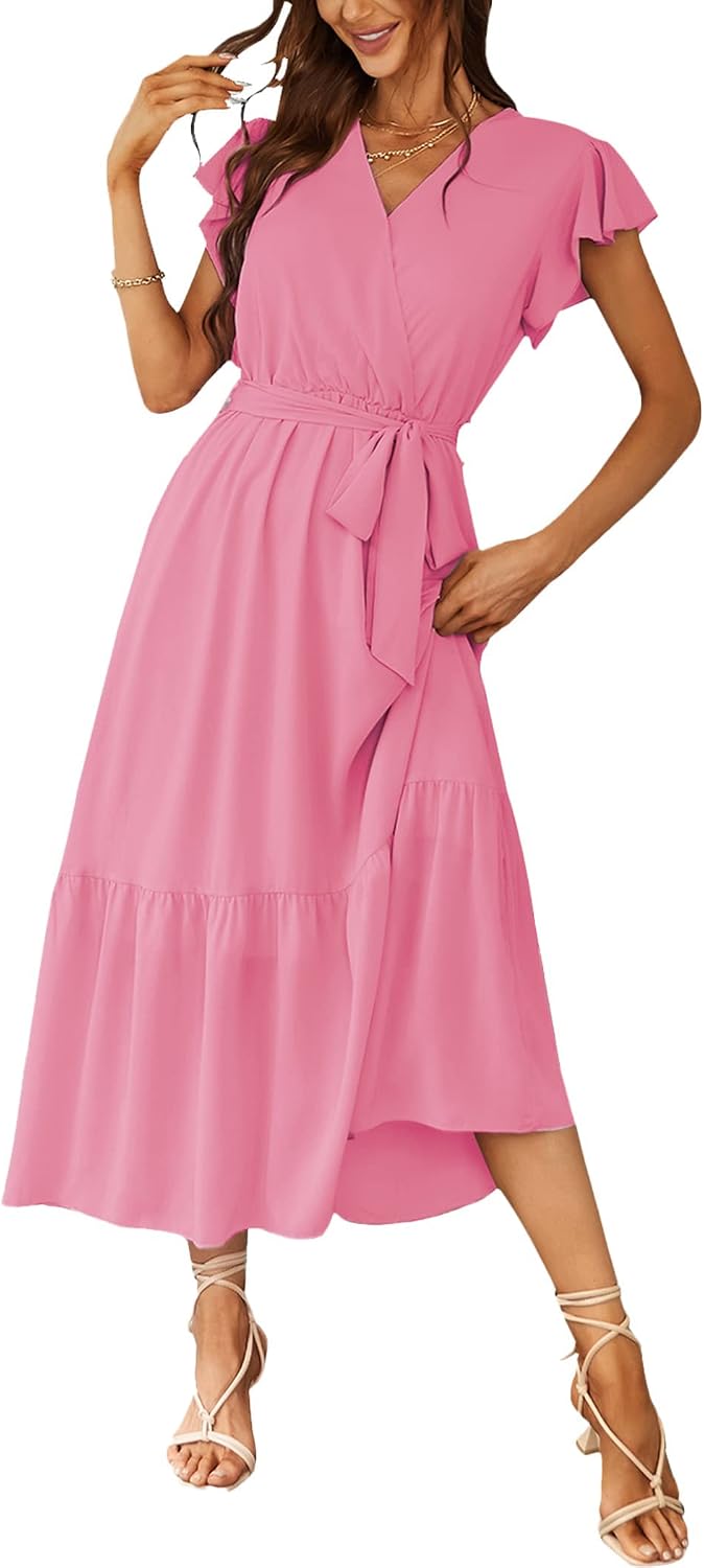 PRETTYGARDEN Women's Summer Floral Boho Maxi Dress | Short Sleeve Wrap V Neck, Long Flowy Ruffle Dresses, Spring Wedding Guest Outfits for Beach Vacation, Resort Wear, Tea Party