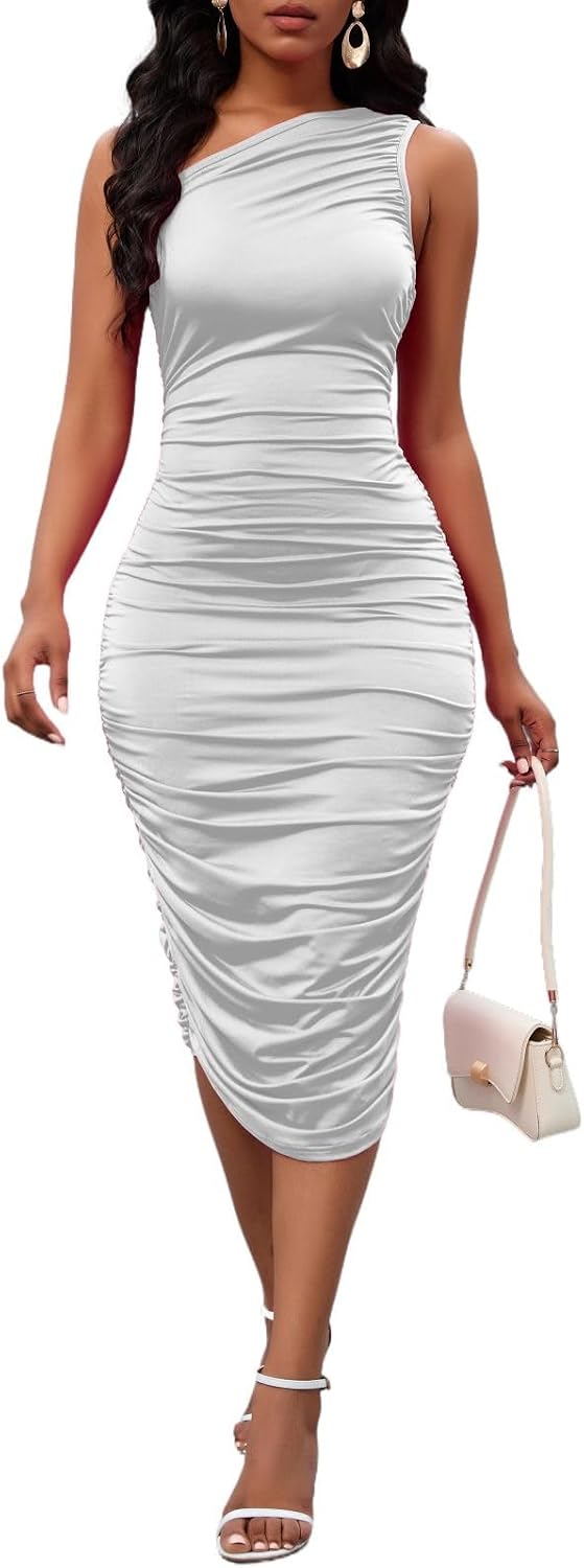 PerZeal Women's One Shoulder Ruched Bodycon Midi Dress for Party Evening | Sleeveless slim fit, stretchy soft fabric, elegant asymmetrical neck, cocktail party, evening clubwear, wedding guest