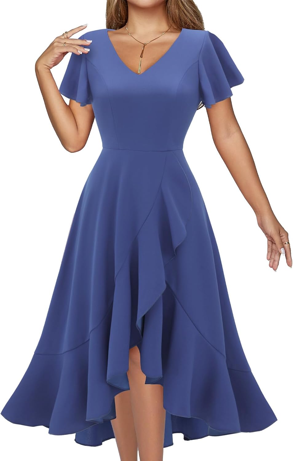 DRESSTELLS Women's Cocktail Dresses 2026, Formal Fall Wedding Guest Dress | A-Line, Hi Low Fit and Flare Midi Dress for Teacher Party Homecoming, Bridesmaid Evening Gown, V-Neck, Ruffle Sleeve