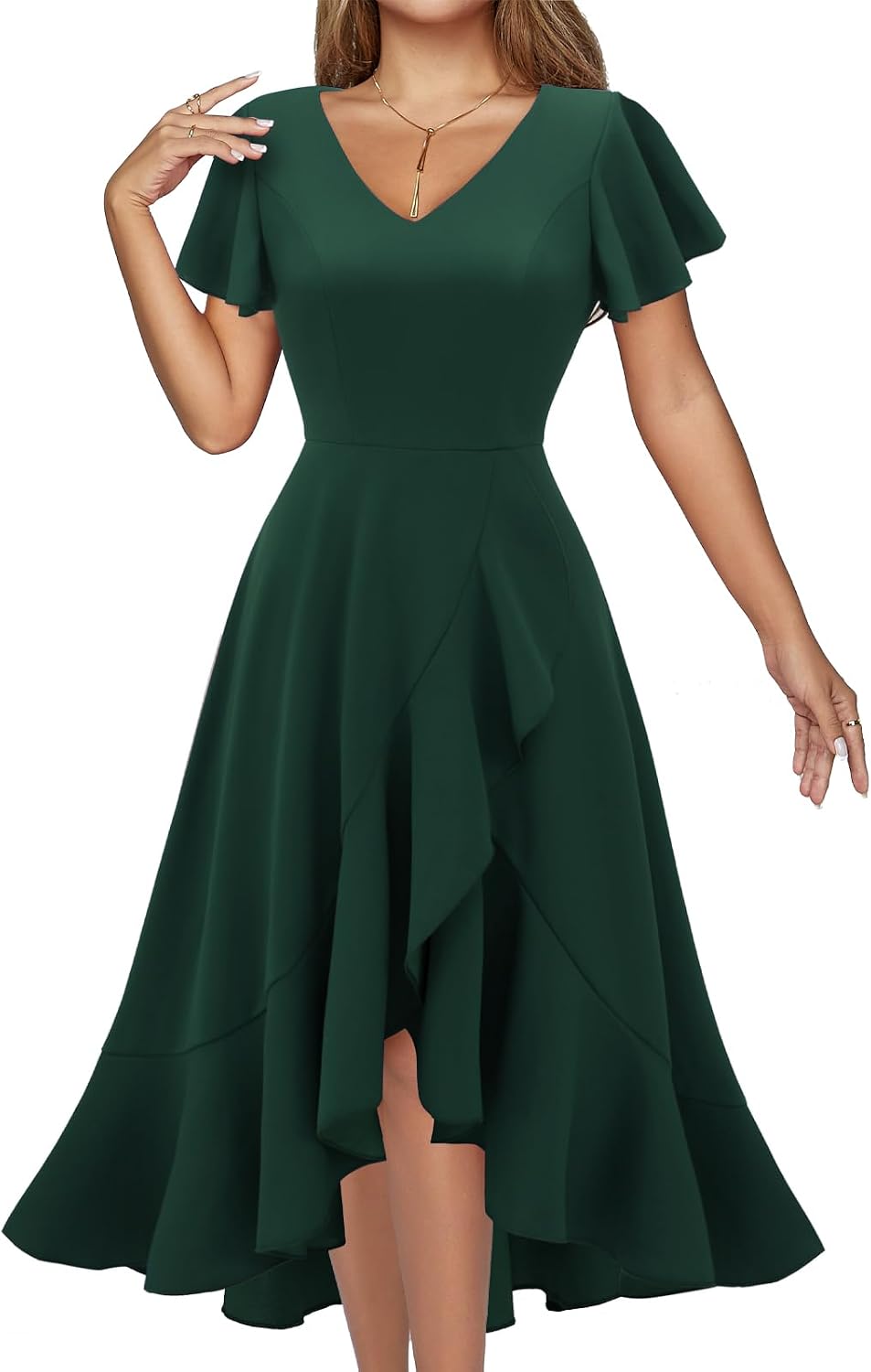 DRESSTELLS Women's Cocktail Dresses 2026, Formal Fall Wedding Guest Dress | A-Line, Hi Low Fit and Flare Midi Dress for Teacher Party Homecoming, Bridesmaid Evening Gown, V-Neck, Ruffle Sleeve