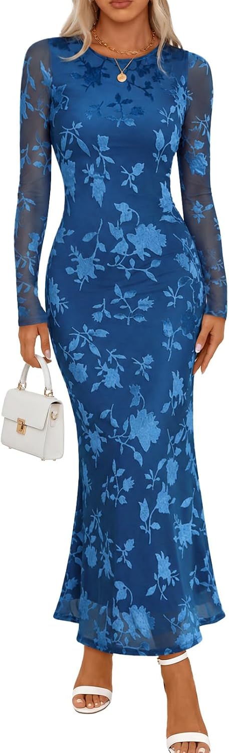 MEROKEETY Womens Fall Velvet Formal Wedding Guest Maxi Dress | Bodycon, Floral, Long Sleeve, Mesh, Round Neck, Formal Cocktail Party Birthday Club Date Night Prom, 2026 Winter Dress