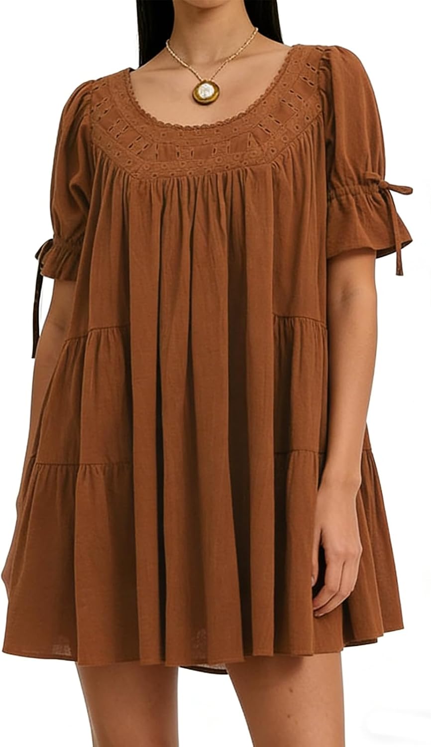 Women Puff Sleeve Babydoll Mini Dress Y2K Lace Trim Ruffle Flowy Dress | Summer Eyelet Loose Swing Dresses Cute Bow Tie Going Out Sundress Casual Boho Beach Vacation A-Line Short Sundress