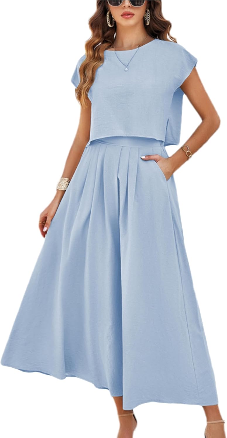 Mingzhu Womens 2 Piece Outfits Skirt Set Summer Maxi Dress Sets Pockets | Casual Outfits, Cap Sleeve, Crop Tops, Maxi Dress Sets with Pockets, Matching Lounge Sets, Vacation Travel Outfits