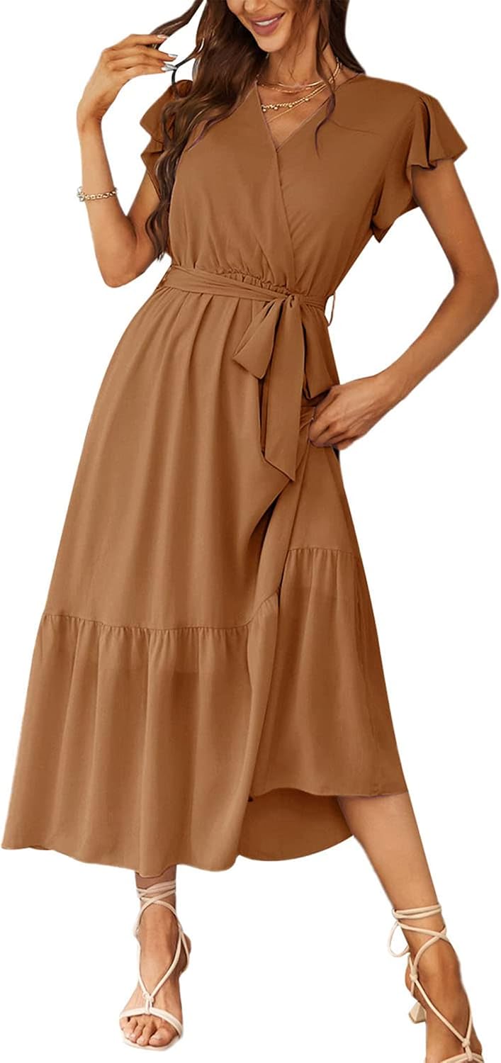 PRETTYGARDEN Women's Summer Floral Boho Maxi Dress | Short Sleeve Wrap V Neck, Long Flowy Ruffle Dresses, Spring Wedding Guest Outfits for Beach Vacation, Resort Wear, Tea Party