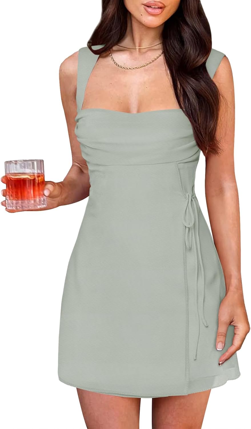 MIYIEONZ Summer Mini Dresses for Women Formal Short Cocktail Dress | Mesh,Sleeveless,Square Neck,Wrap Tie,Ruched,Ruffled,Bodycon Mini Dress,Sexy Y2K Cute,Spring,Hoco,Party,Wedding Guest Outfits