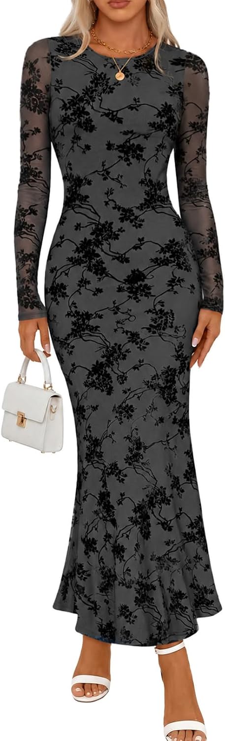 MEROKEETY Womens Fall Velvet Formal Wedding Guest Maxi Dress | Bodycon, Floral, Long Sleeve, Mesh, Round Neck, Formal Cocktail Party Birthday Club Date Night Prom, 2026 Winter Dress