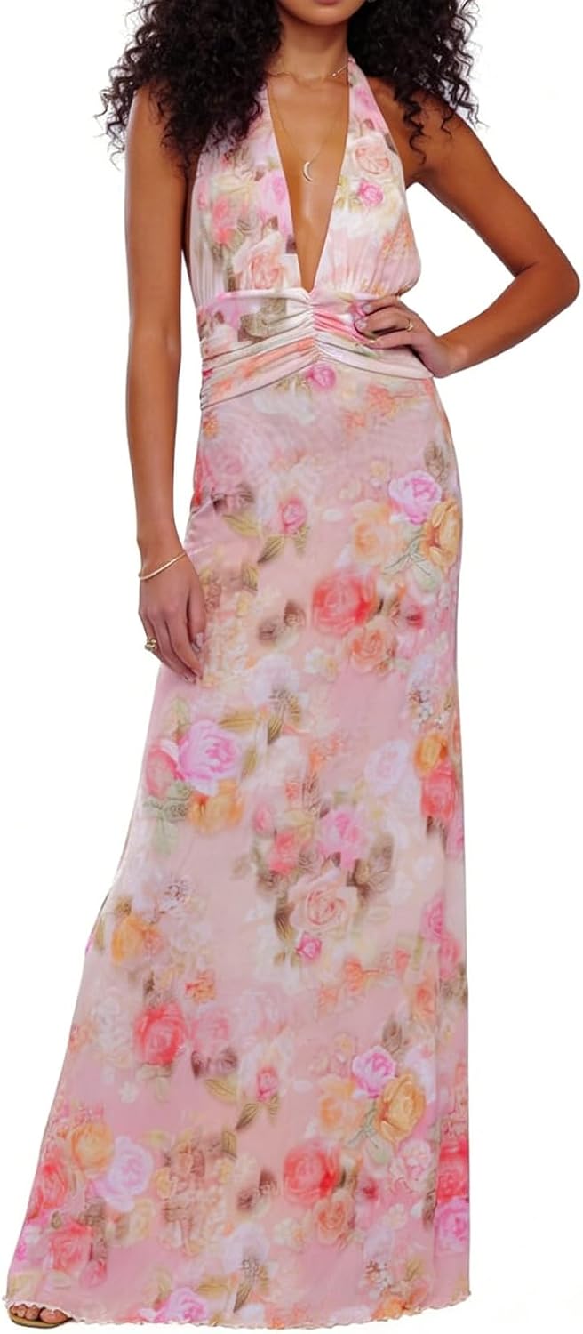 Amiblvowa Women Halter V Neck Maxi Dress Sexy Backless Bodycon Low Cut Long Dress Open Back Cocktail Summer Beach Sundress