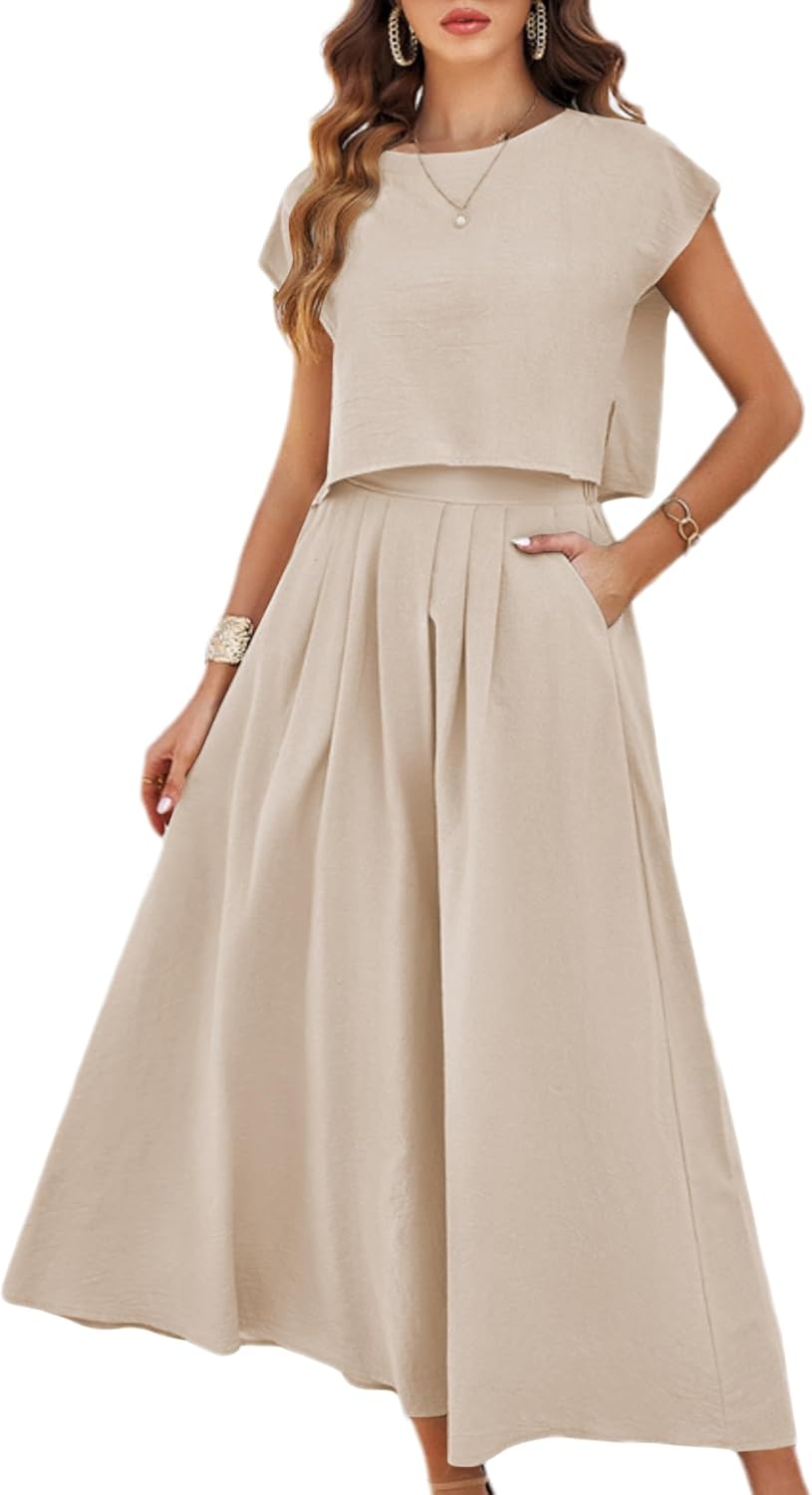 Mingzhu Womens 2 Piece Outfits Skirt Set Summer Maxi Dress Sets Pockets | Casual Outfits, Cap Sleeve, Crop Tops, Maxi Dress Sets with Pockets, Matching Lounge Sets, Vacation Travel Outfits