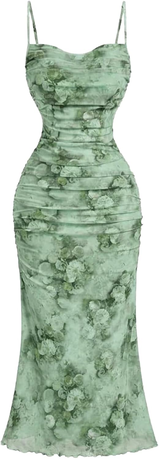GORGLITTER Women's Floral Wedding Guest Bridal Shower Summer Midi Dresses | Tea Party, Baby Shower, Cocktail Dress, Ruched, Dresses for Women, Sundresses