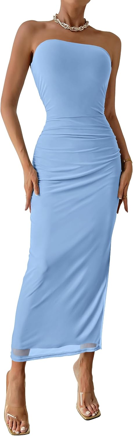 PRETTYGARDEN Women's Strapless Bodycon Floral Maxi Dress | Stretchy Lined Mesh, Long Tube Dresses, Ruched Slit, Spring Summer Y2K Outfits for Wedding, Date Night Party, Beach Vacation