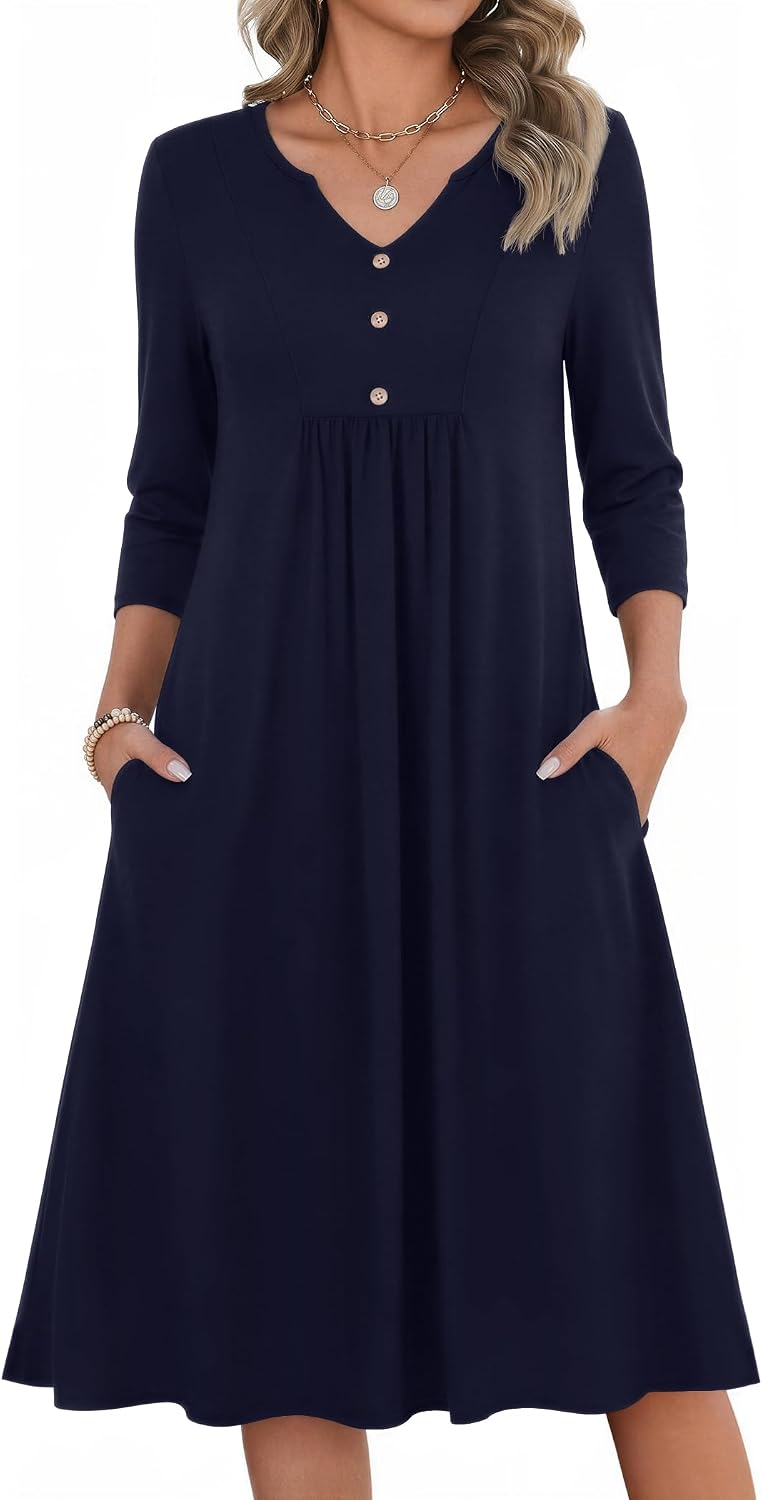 Zeagoo Womens Dresses 3\/4 Sleeve Casual Fall A Line Midi Dress with Pockets | V Neck Empire Waist Sundress, Button Decor, Floral, Boho, Solid Color, Loose Fit, Flowy, Vacation Sundresses