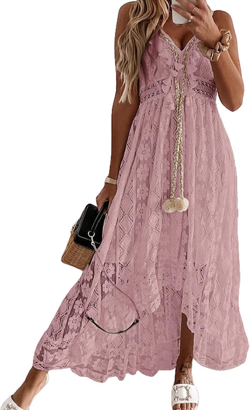 CUPSHE Womens Lace Summer Maxi Dresses 2026 Beach Wear | V Neck Spaghetti Straps Sundress, Tassel, Boho Pom Poms, Flowy Vacation Outfits, Resort Wear, Graduation Wedding Guest Looks