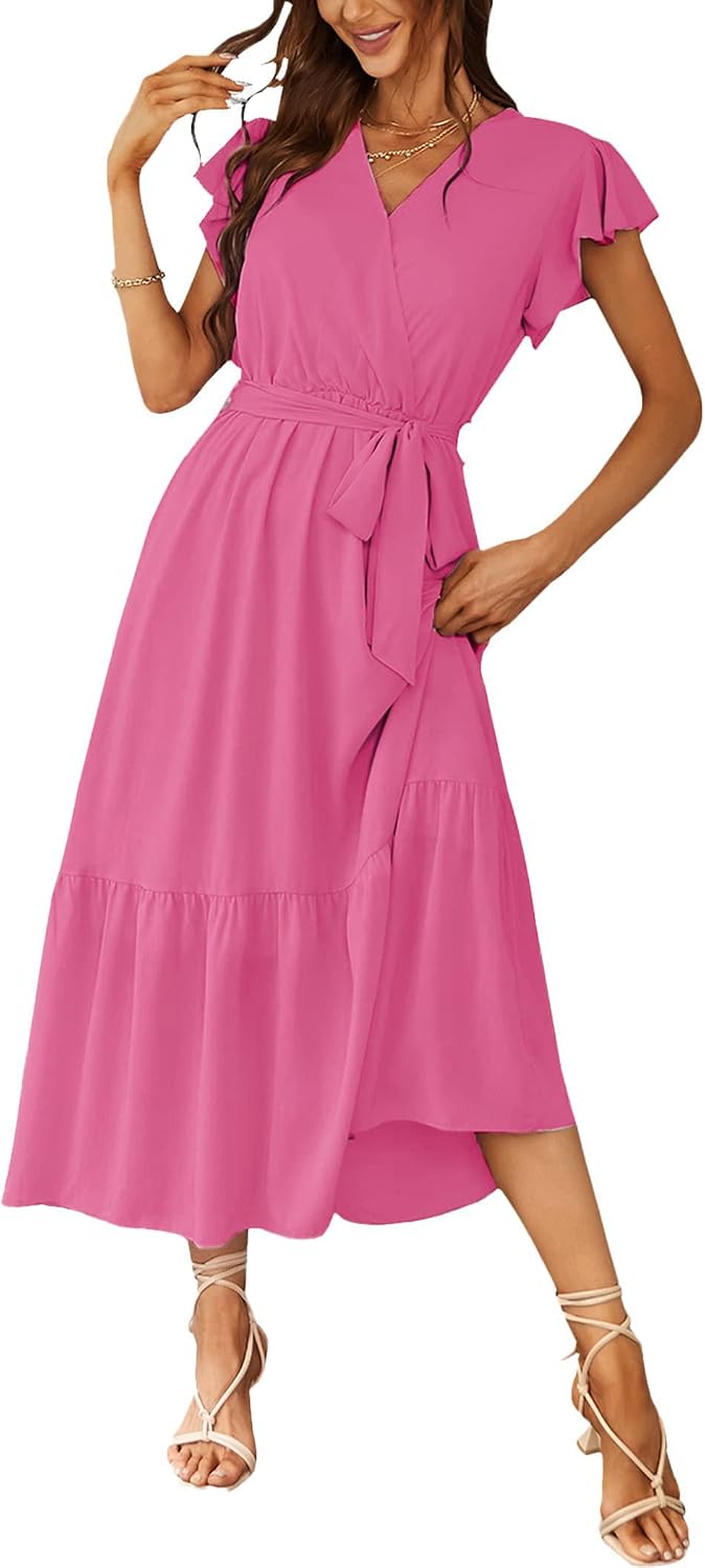 PRETTYGARDEN Women's Summer Floral Boho Maxi Dress | Short Sleeve Wrap V Neck, Long Flowy Ruffle Dresses, Spring Wedding Guest Outfits for Beach Vacation, Resort Wear, Tea Party