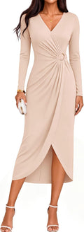 ZESICA Women's Fall Long Sleeve Wrap Bodycon Cocktail Party Dresses | Deep V Neck, Ruched Midi Dress, Formal Wedding Guest, Rehearsal Dinner, Date Night, Birthday Holiday, Bridal Shower