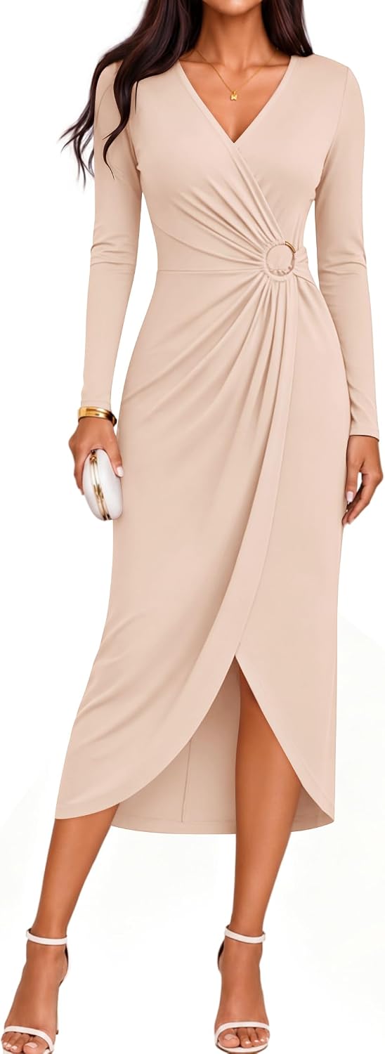 ZESICA Women's Fall Long Sleeve Wrap Bodycon Cocktail Party Dresses | Deep V Neck, Ruched Midi Dress, Formal Wedding Guest, Rehearsal Dinner, Date Night, Birthday Holiday, Bridal Shower