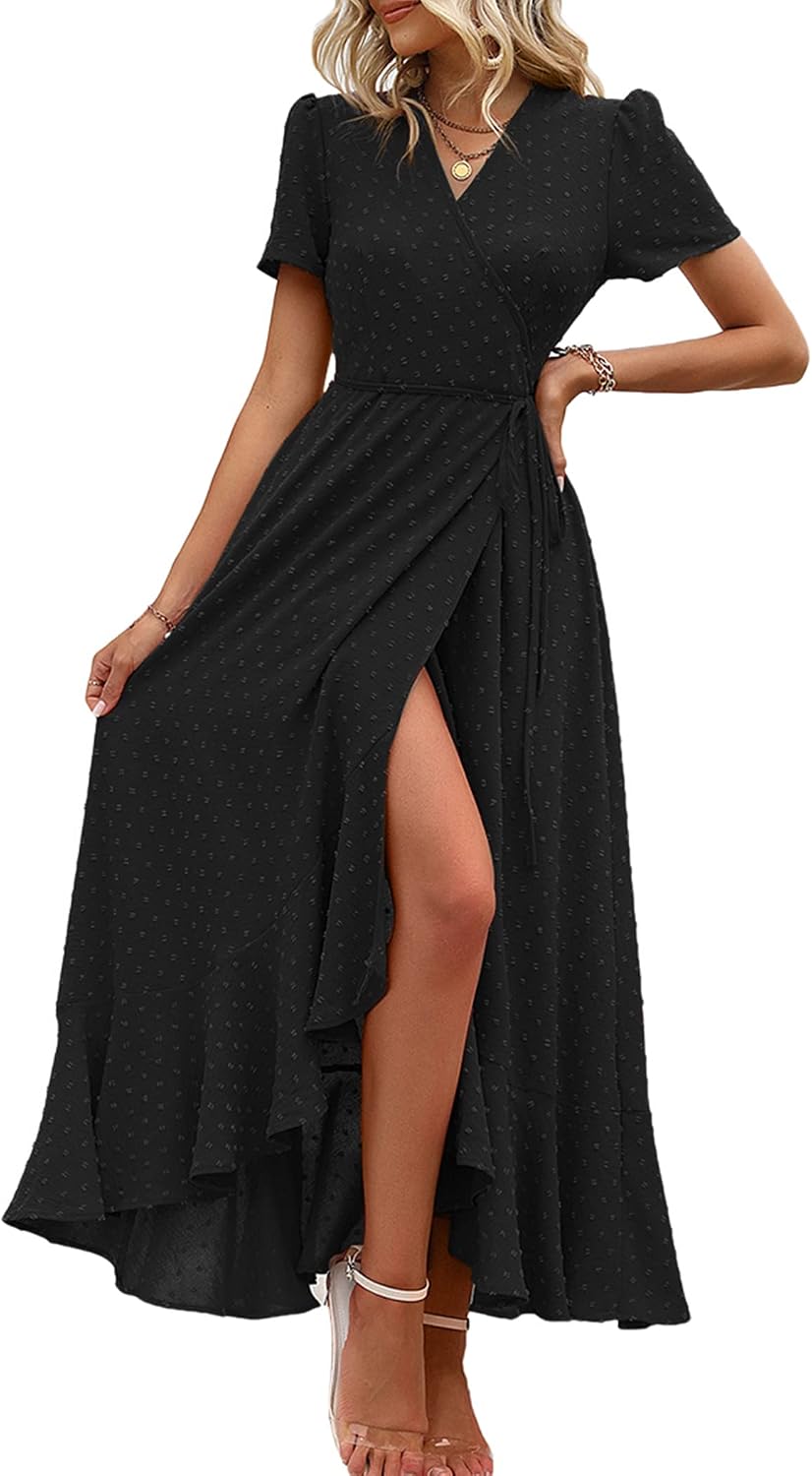 PRETTYGARDEN Women's Boho Floral Summer Maxi Dresses | Short Sleeve Wrap V Neck, Long Flowy Sundress, Spring Wedding Guest Party Outfits, Ruffle Beach Vacation Dress, Resort Wear