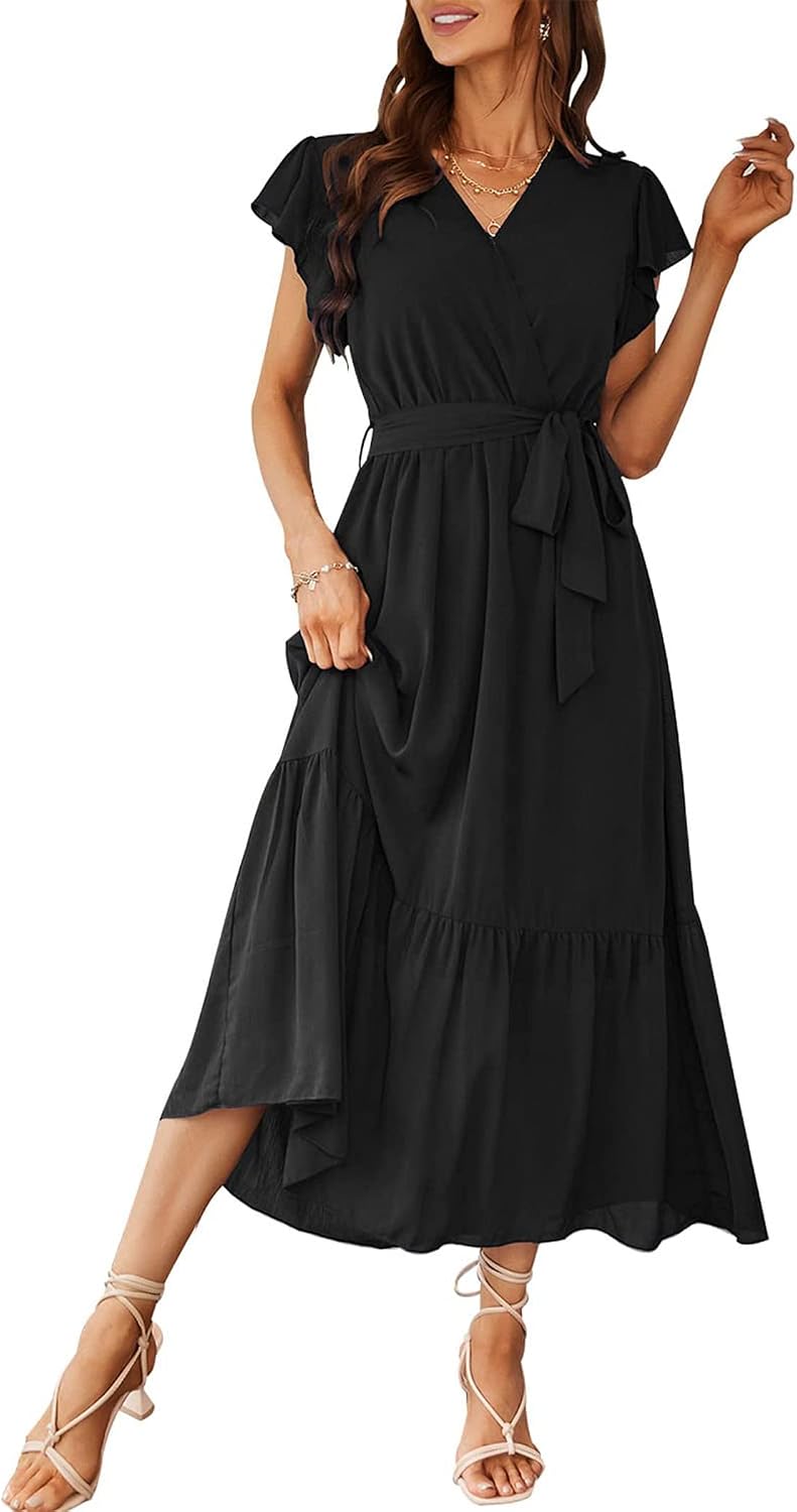 PRETTYGARDEN Women's Summer Floral Boho Maxi Dress | Short Sleeve Wrap V Neck, Long Flowy Ruffle Dresses, Spring Wedding Guest Outfits for Beach Vacation, Resort Wear, Tea Party