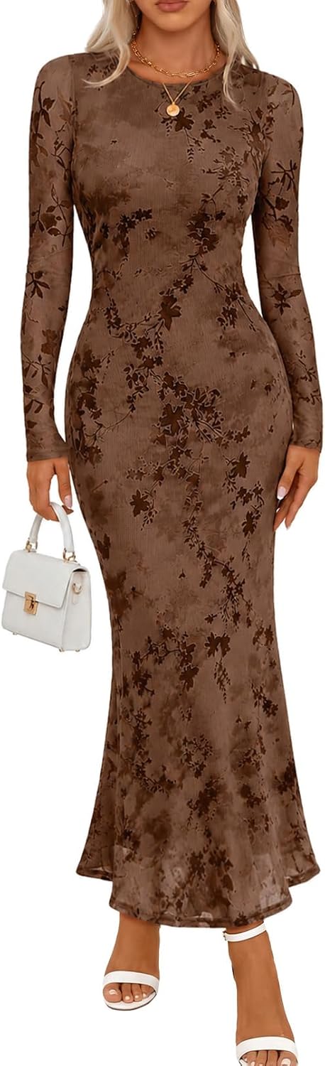MEROKEETY Womens Fall Velvet Formal Wedding Guest Maxi Dress | Bodycon, Floral, Long Sleeve, Mesh, Round Neck, Formal Cocktail Party Birthday Club Date Night Prom, 2026 Winter Dress