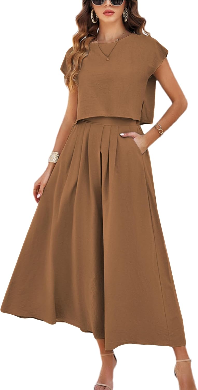 Mingzhu Womens 2 Piece Outfits Skirt Set Summer Maxi Dress Sets Pockets | Casual Outfits, Cap Sleeve, Crop Tops, Maxi Dress Sets with Pockets, Matching Lounge Sets, Vacation Travel Outfits