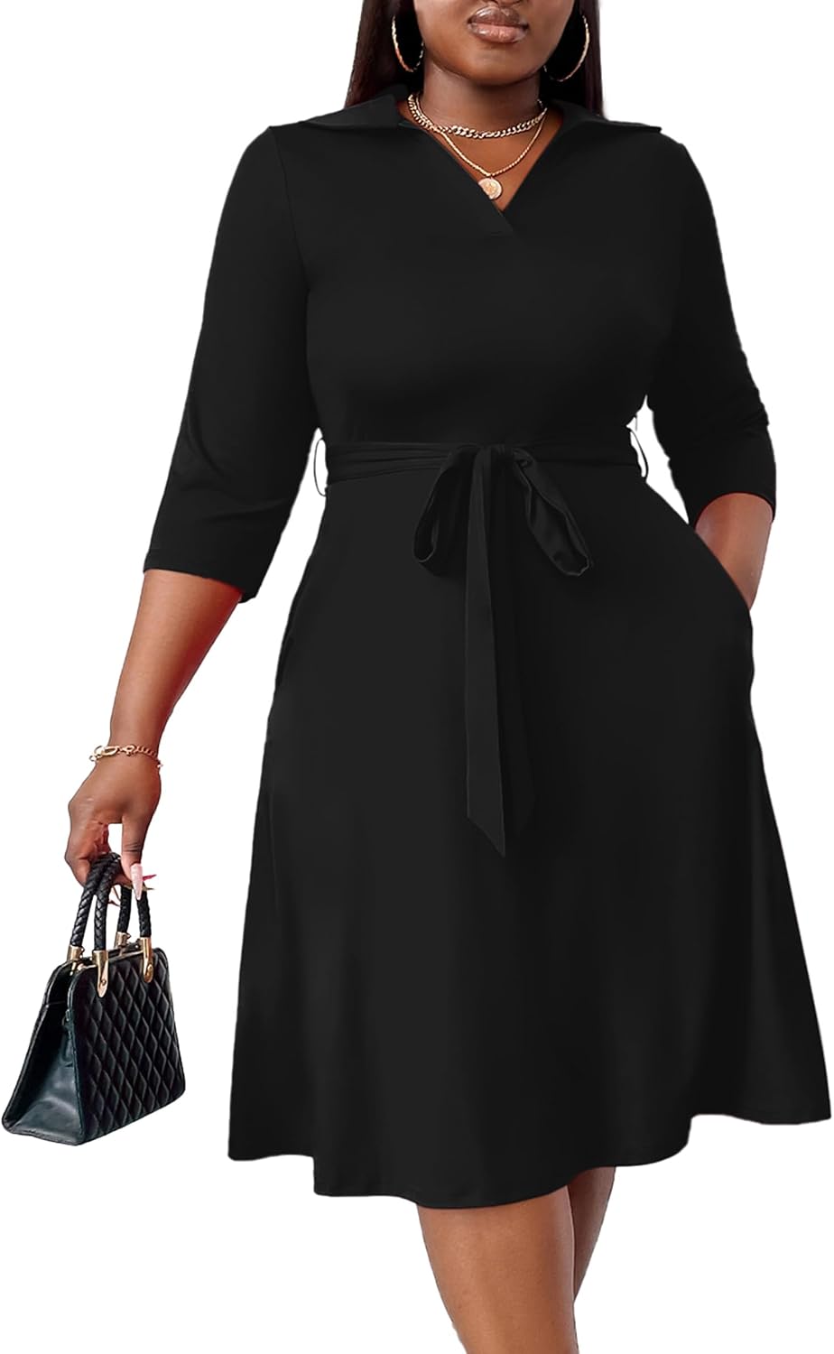 FANDEE Plus Size Midi Dress for Women Casual - Fit and Flare Summer Dresses | Semi Formal,African Print,Polo Collar Cocktail Dress,With Pockets And Belt