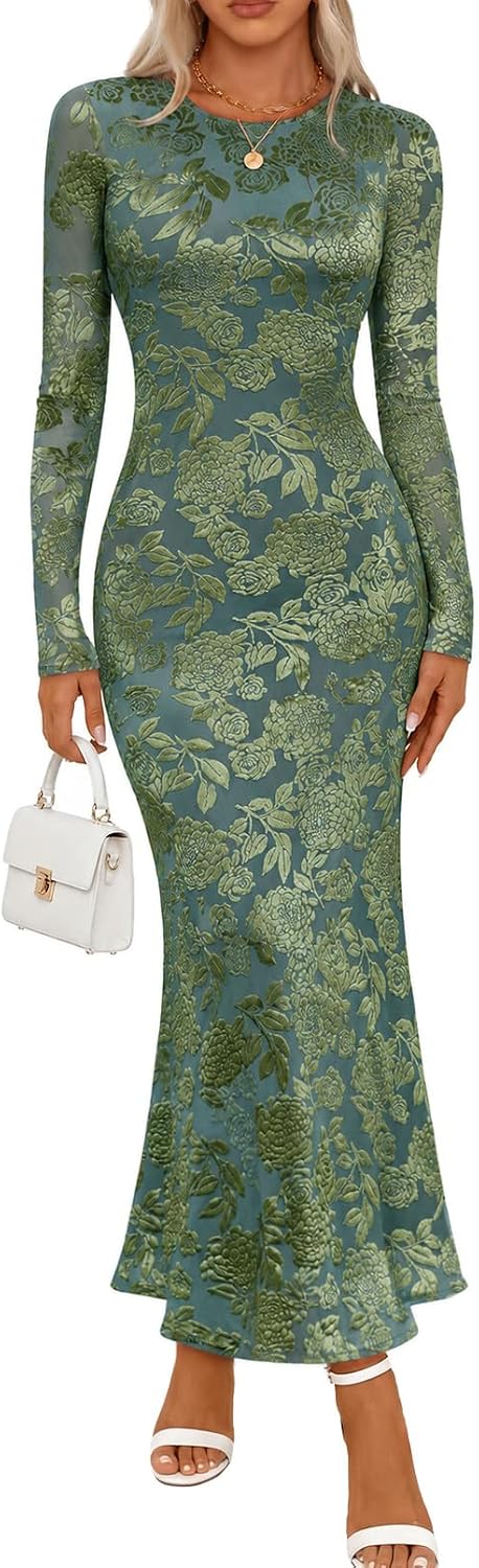 MEROKEETY Womens Fall Velvet Formal Wedding Guest Maxi Dress | Bodycon, Floral, Long Sleeve, Mesh, Round Neck, Formal Cocktail Party Birthday Club Date Night Prom, 2026 Winter Dress