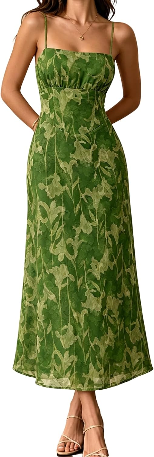 RIHOAS Women's Spaghetti Strap Maxi A-line Formal Tie Back Layered Dresses | Lace up,Zip Up,Square Neck,Cocktail,Garden Party ,Floral wedding guest dresses,Formal Dress,Bridesmaid,Semi Formal Dress