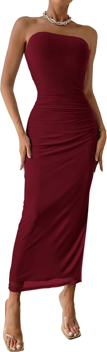PRETTYGARDEN Women's Strapless Bodycon Floral Maxi Dress | Stretchy Lined Mesh, Long Tube Dresses, Ruched Slit, Spring Summer Y2K Outfits for Wedding, Date Night Party, Beach Vacation