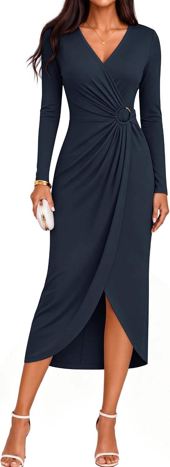 ZESICA Women's Fall Long Sleeve Wrap Bodycon Cocktail Party Dresses | Deep V Neck, Ruched Midi Dress, Formal Wedding Guest, Rehearsal Dinner, Date Night, Birthday Holiday, Bridal Shower