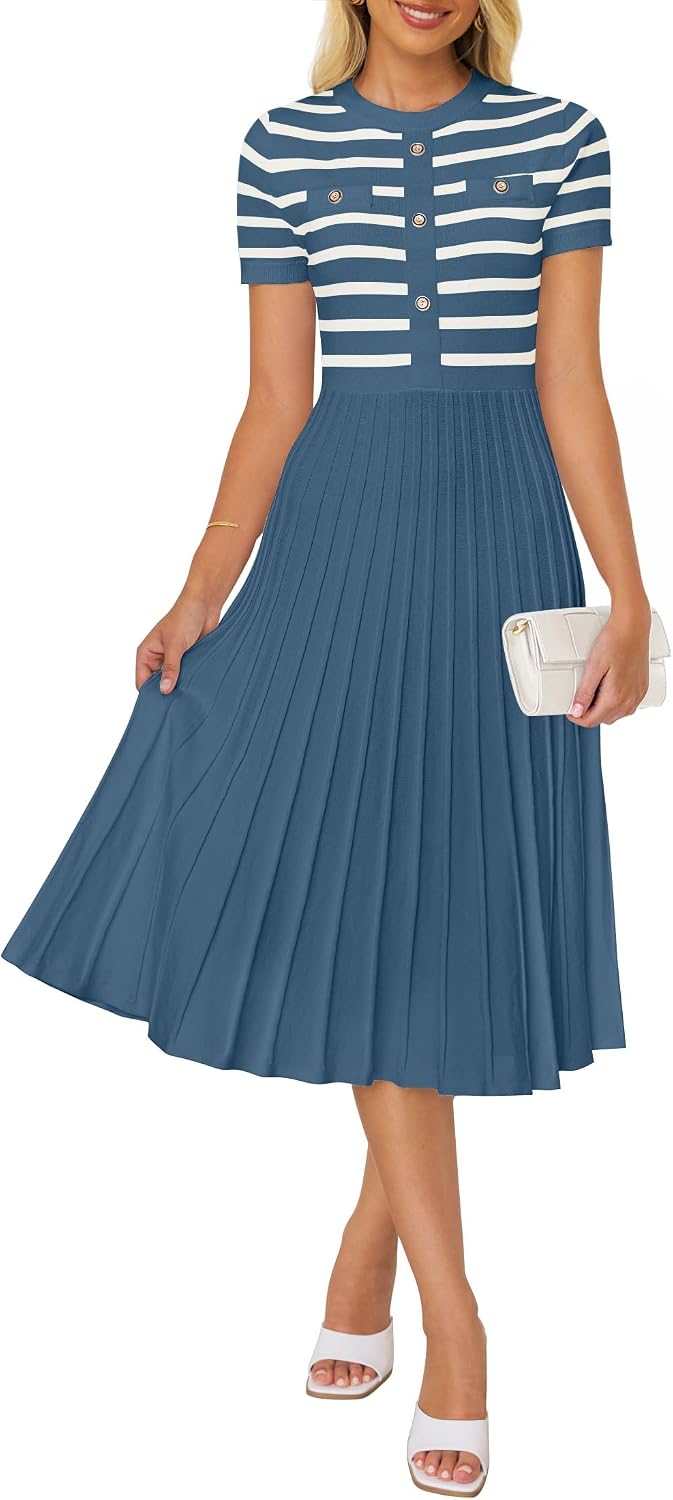 ZESICA Women Striped Crewneck Short Sleeve Elegant Midi Dress | Button, Ribbed Knit Fabric, Pleated A Line Swing, 2026 Trendy, Casual Beach Vaction, Work Business, Formal Classy Church