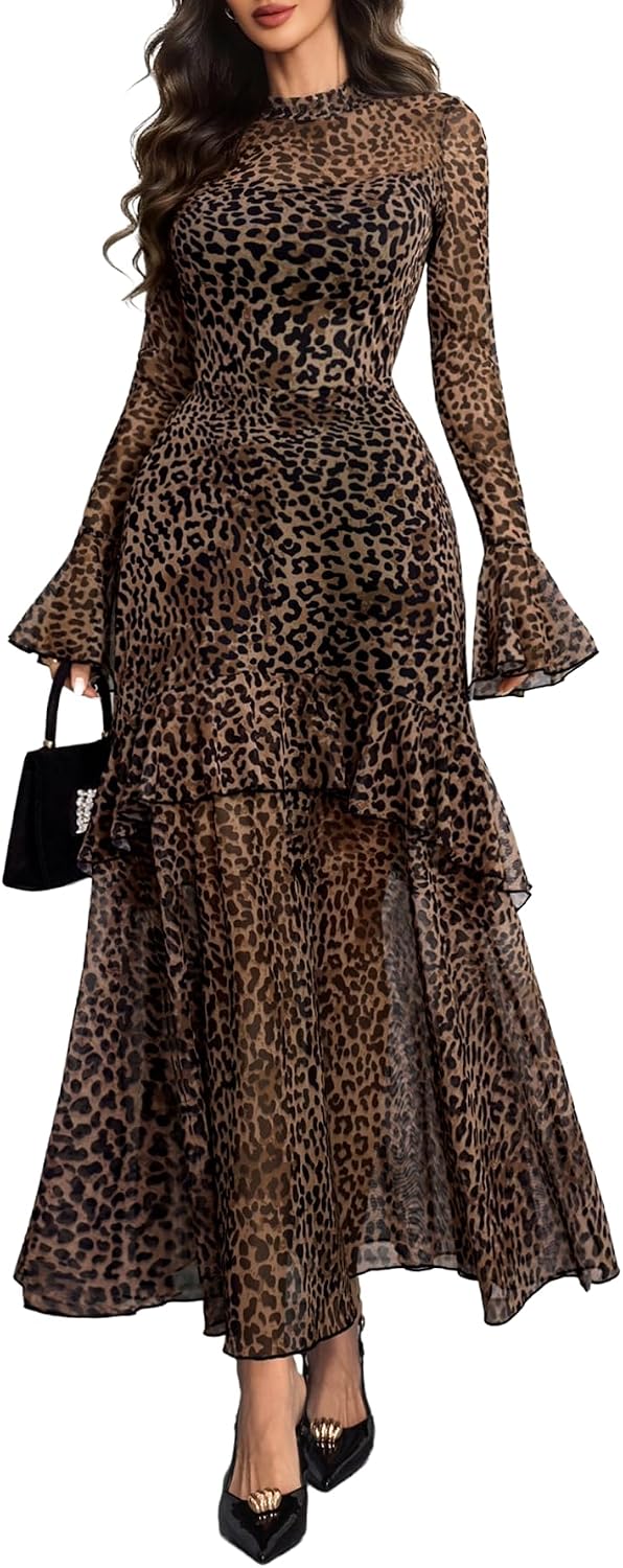 GothDark Women Floral Maxi Dress Bell Sleeve Party Wedding Guest Dresses | Floral Mesh, Tiered Ruffle, Fall Long Sleeve, Casual, Elegant, Date Night, Cocktail, Dinner & Evening Dress