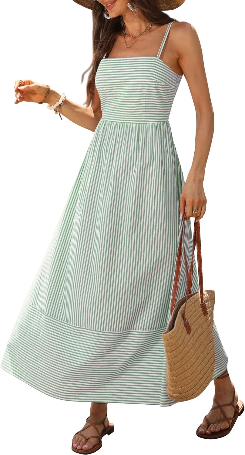 Caracilia Womens Maxi Dresses Gingham Summer Beach Outfits | Spaghetti Strap Back Smocked Cut Out, Flowy Long Sundress, Cute Travel Vacation Picnic Dress Fashion Clothes