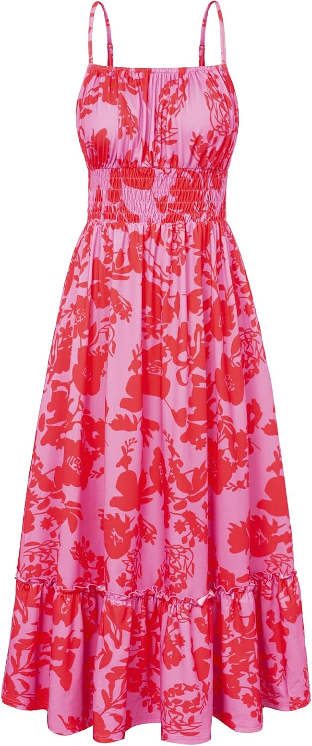 GRACE KARIN Summer Dresses for Women 2026 Vacation Boho Maxi Sundress | Casual, Smocked Waist, Floral Printed, Spaghetti Strap, Sleeveless, Beach Dresses With Pockets, Fashion Outfits